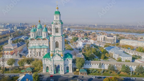 Astrakhan city panorama, with Kremlin view, city landscape and Assumption Cathedral.
