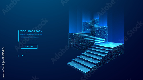 Career ladder or growth concept. 3D stairway with light glowing podiums on a technology blue background. Abstract digital flight of stairs. Low poly wireframe vector illustration.