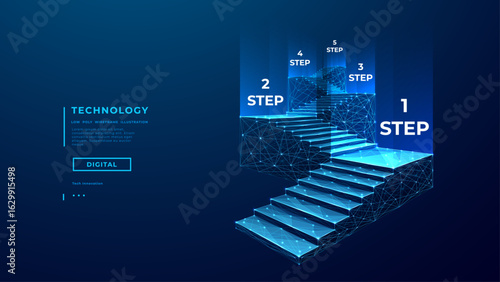 Five steps of a career ladder. Flight of stairs. Business success and career growth concepts. Digital stairs in low poly wireframe vector illustration. Vision, mission, and leadership.