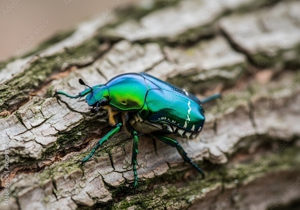 Naklejka premium A vibrant metallic green beetle on a textured tree bark