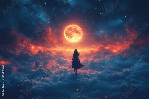Woman standing on a cloud with full moon backdrop.