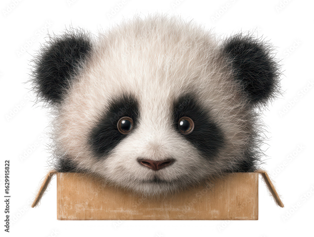 Naklejka premium Adorable baby panda cub peeking from a cardboard box isolated transparent background