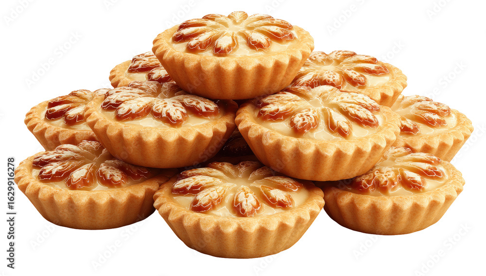 A stack of small, decorative tarts. They are light golden-tan, with a floral design pressed into the top A stack of small, decorative tarts. They are light golden-tan, with a floral design pressed into the top