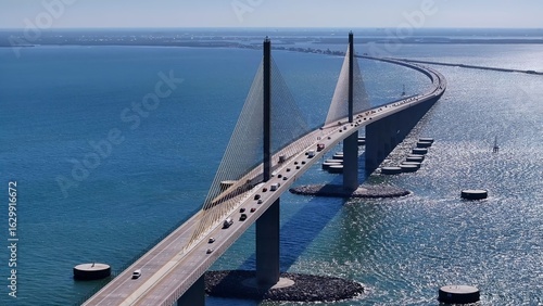 Sunshine Skyway Bridge In Saint Petersburg Florida United States. Stunning Landscape Of Highway Road Viewed From Above. Holiday Landscape Heaven Vibrant. Holiday Summertime. Saint Petersburg Florida.