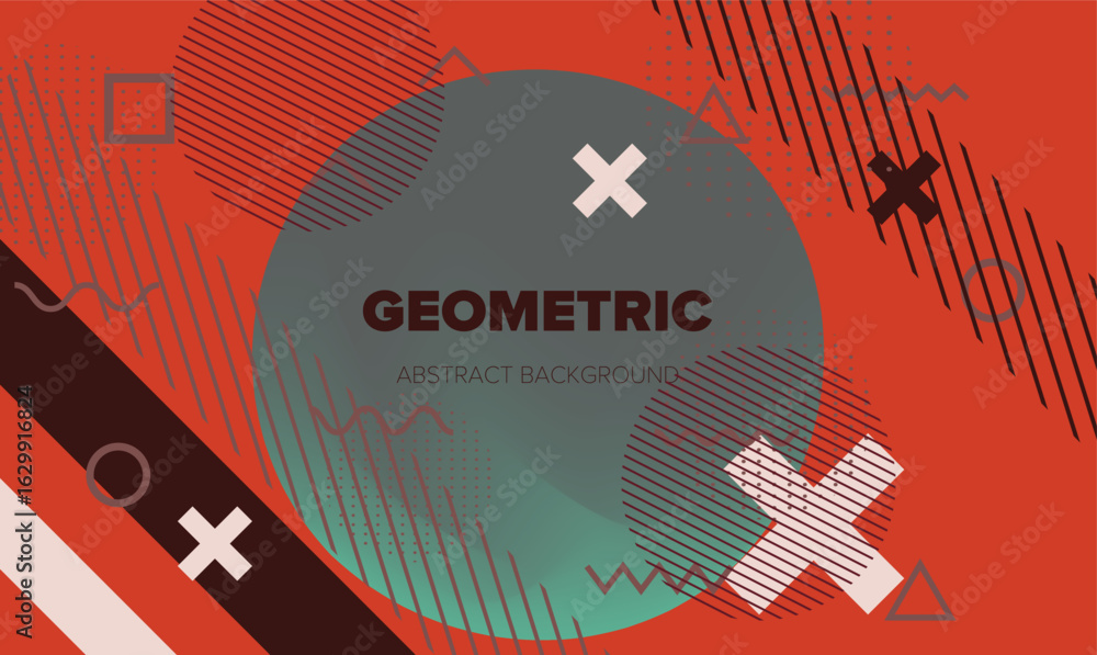 Obraz premium Modern abstract vector with geometric Memphis style. Features overlapping circles, crosses, lines, zigzags, and dots in teal, white, red, and dark colors. Theme is dynamic geometry and playful design.