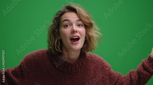 young woman tolking with exprassive hands with red t shirt green screen 