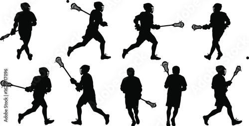 Silhouettes of male lacrosse players in motion, holding sticks, playing team sport, wearing helmets, isolated on white background, active athletes.eps