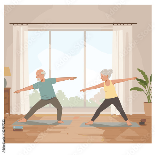 Active senior couple practicing yoga together at home for health and wellness