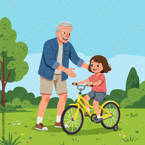 Happy Grandfather Teaching Granddaughter to Ride a Bicycle in Park