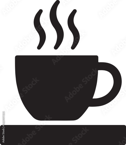 Silhouette of coffee cup with steam rising, simple bold vector for cafe, drink, and relaxation themes.