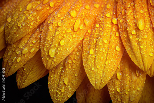 Realistic detailed macro of sunflower petals with sparkling water droplets on surface