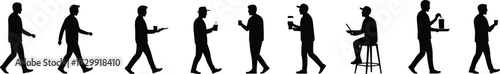 Silhouettes of men walking, carrying drinks, food trays, sitting on stool, casual movement, food service, delivery, lifestyle, isolated..eps