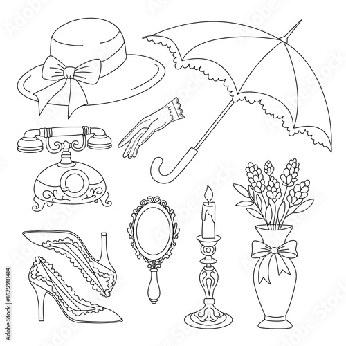 Monochrome set of vintage feminine items: lace umbrella, hat with bow, retro phone, gloves, mirror, candle, high heels, and lavender in vase. Elegant hand-drawn style for nostalgic designs
