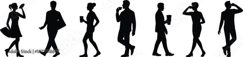 Silhouettes of people drinking beverages, walking, casual lifestyle, coffee, tea, street style, social moments, daily routine, hot drinks, urban life, refreshment, leisure.eps
