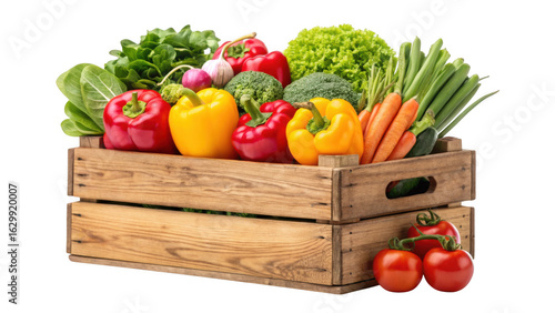 Fresh healthy vegetables in wooden crate isolated on transparent background