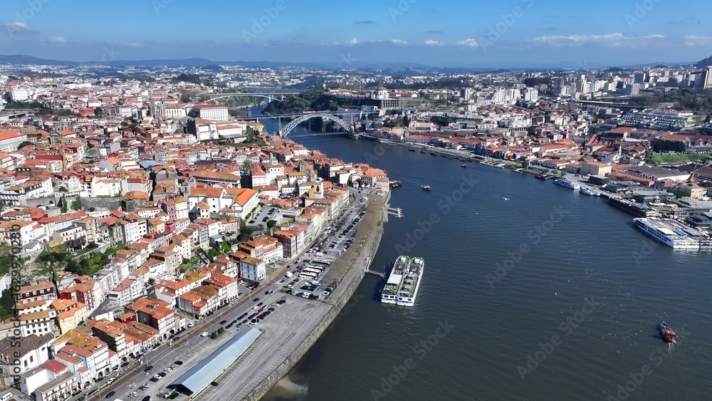 Fototapeta premium Porto Skyline In Porto Portugal. Birds Eye View Of Stunning Cityscape With Streets And Buildings. Business Sky Background Downtown Cityscape. Outdoor Downtown Panning Wide. Porto Portugal.
