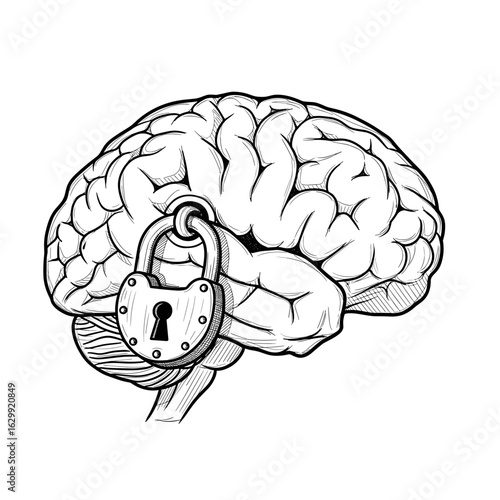 Brain with padlock symbolizing security and protection of knowledge  
