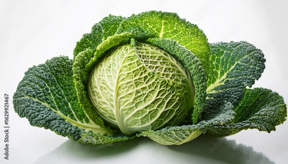 Obraz premium close up of fresh savoy cabbage leaves isolated on white healthy eating organic produce nutrient rich vegetable
