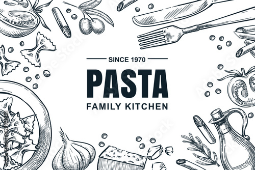 Vector frame with Italian pasta and ingredients. Perfect for restaurant menu, cafe banner, food packaging, poster