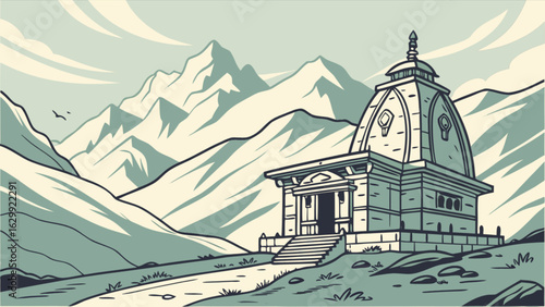 Scenic mountain temple with traditional architecture, set against a backdrop of majestic peaks and a serene sky, evoking a sense of travel and spirituality