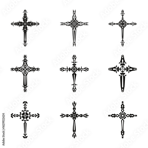 Christian cross vector icon symbols. Abstract christian religious belief or faith art illustration for orthodox or catholic design. The symbol of the cross in various designs used in tattoo.