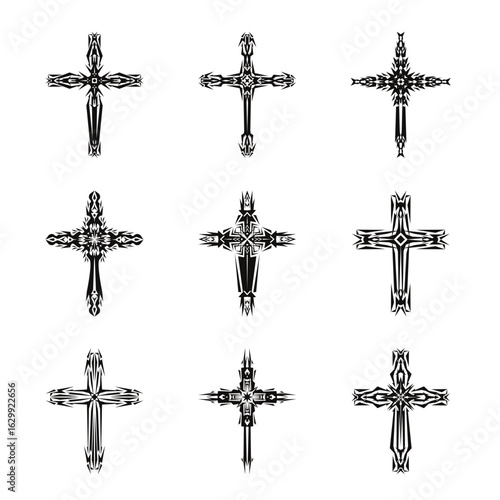 Christian cross vector icon symbols. Abstract christian religious belief or faith art illustration for orthodox or catholic design. The symbol of the cross in various designs used in tattoo.