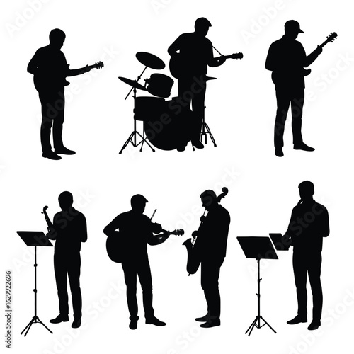 Silhouettes of a jazz band playing instruments on a white background