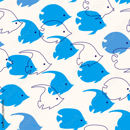 Abstract colorful fish seamless pattern. Tropical fish schools swimming background. Marine life concept cartoon style. Vector illustration in silhouettes and line art for summer fabric design