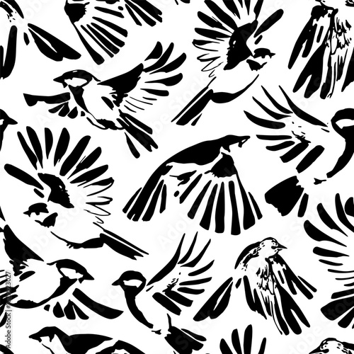 Abstract flying birds on simple background. Freedom concept. Grunge drawing of pigeons, doves, tit seamless pattern. Bird silhouettes art. Vector illustration for minimal textile fabric print design