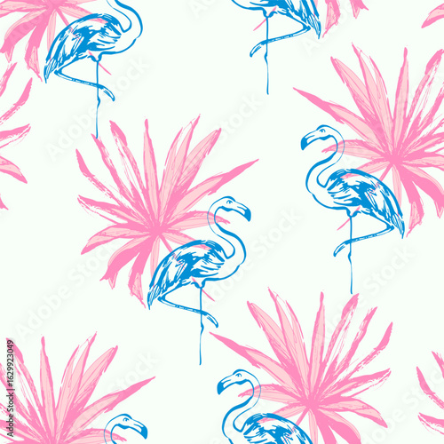 Hand drawn tropical leaves and flamingo birds background. Abstract palm leaf, pink flamingo seamless pattern. Summer vector illustration for art paper, fabric design, swimwear, wallpaper