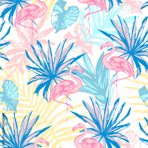 Hand drawn tropical leaves and flamingo birds background. Abstract palm monstera leaf, pink flamingo seamless pattern. Summer vector illustration for art paper, fabric design, swimwear, wallpaper