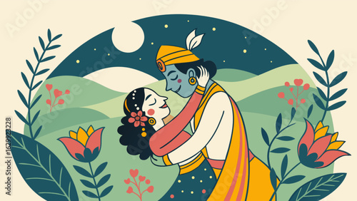 Illustration of radha krishna, the divine couple in hinduism, embracing under the moonlight, surrounded by flowers and foliage, representing love and devotion