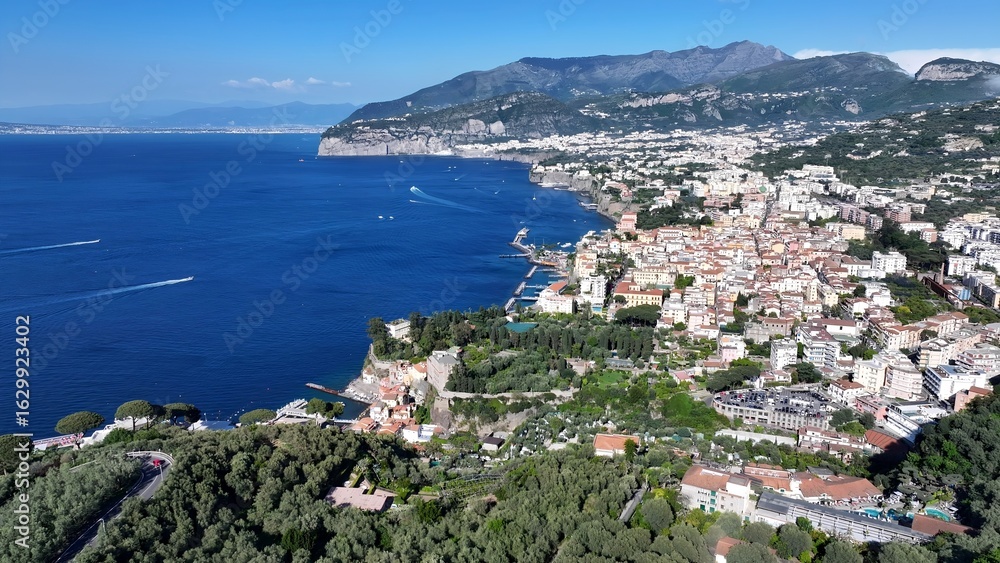 Fototapeta premium Sorrento Beach In Sorrento Naples Italy. Bird Eye View Of A Amazing Coastal Beach In The Summer Holiday. Deserted Landscape Peaceful Amazing. Peaceful. Sorrento Naples.