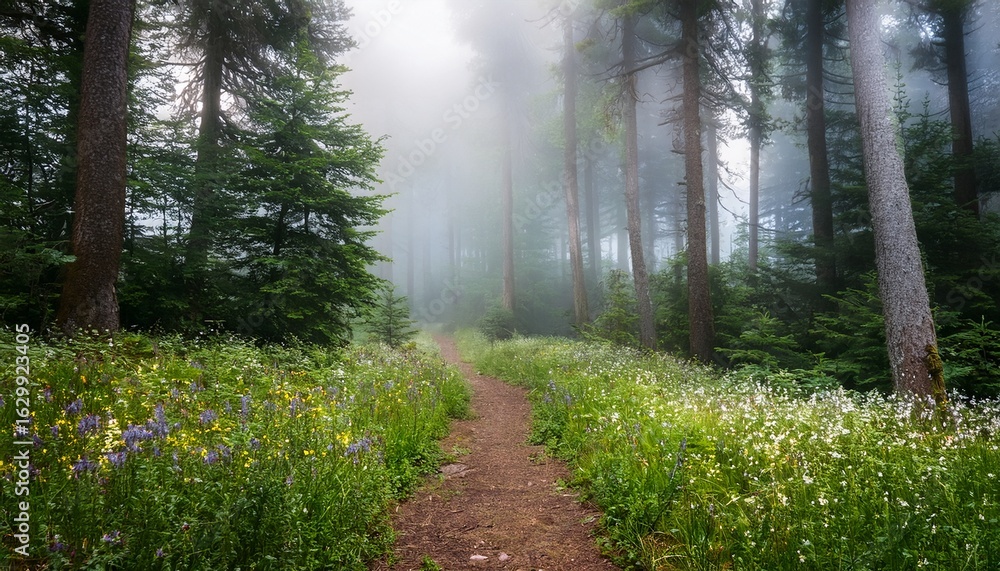 Obraz premium a misty forest path surrounded by wildflowers and tall trees evoking tranquility and nature