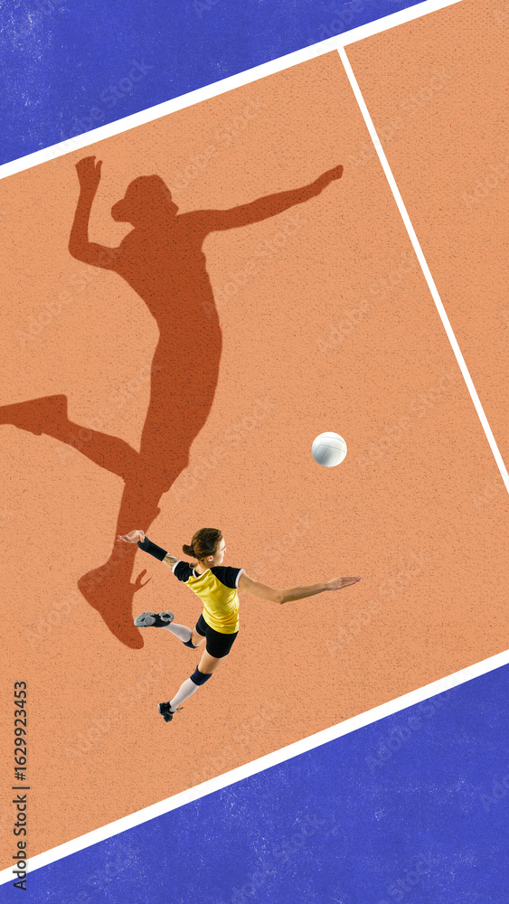 Naklejka premium Digital collage of female volleyball player in mid-air serve with strong shadow on court. Concept of self-belief, sport empowerment, motivation in training, and youth identity through action.