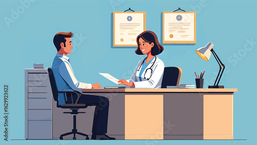 Doctor and patient discuss medical results during a clinic consultation. Vector illustration.