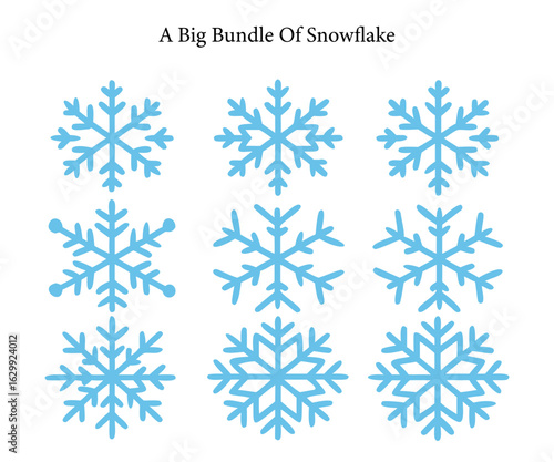 Collection of Nine Blue Snowflake Illustrations on a White Background for Winter Holiday Designs