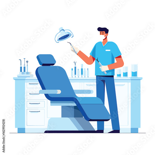 Dentist at work in a modern dental office with equipment. Medical healthcare vector illustration.