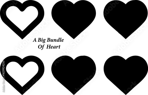 Six Heart Shapes Two Outlined and Four Solid Black Arranged in Two Rows