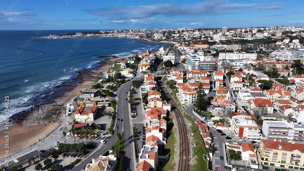 Fototapeta premium Estoril Coast In Cascais District Of Lisbon Portugal. Birds Eye View Of Stunning Cityscape With Streets And Buildings. Paradise Skyline Grateful Vibrant. Paradise Sea. Cascais District of Lisbon.