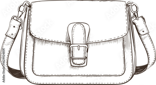 Detailed sketch of a leather satchel with buckle and strap design. Vector illustration