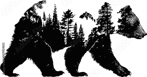 Silhouette of a bear with forest landscape double exposure effect. Vector illustration