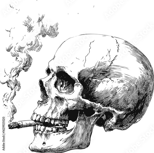 Skull with cigarette and smoke in detailed black and white. Vector illustration