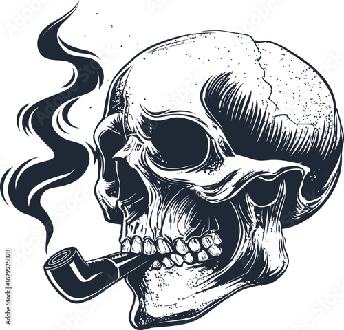 Sketched skull with pipe exhaling smoke in a monochrome style. Vector illustration