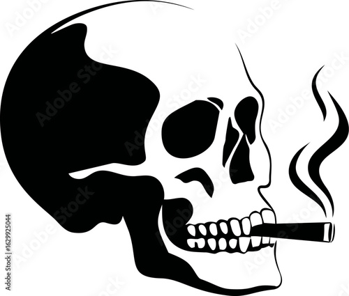 Skull silhouette smoking a cigarette with curling smoke in black and white. Vector illustration
