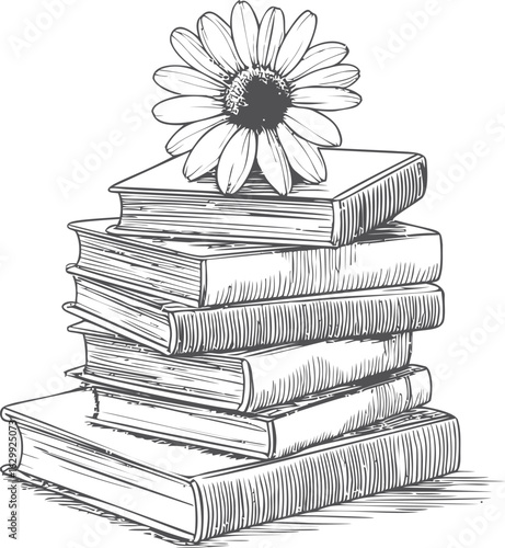 Stack of vintage books with a daisy illustration in black and white sketch. Vector illustration