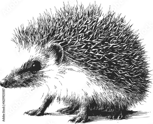 Detailed black and white sketch of a hedgehog with sharp quills and fine detail. Vector illustration