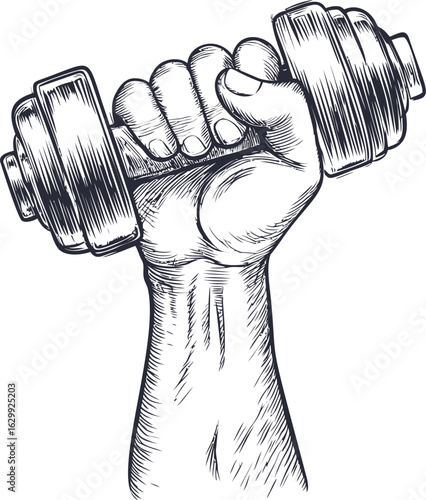 Hand gripping a dumbbell in detailed monochrome, strength and power. Vector illustration