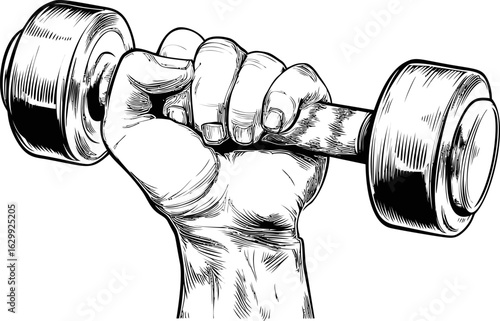 Hand gripping a dumbbell in detailed black and white sketch. Vector illustration