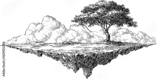 Floating island with a lone tree in black and white sketch style, surreal art. Vector illustration